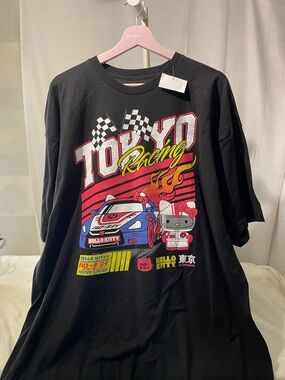 Hello Kitty Black Graphic 'Tokyo Racing' Tee with Red, Yellow & Blue Accents